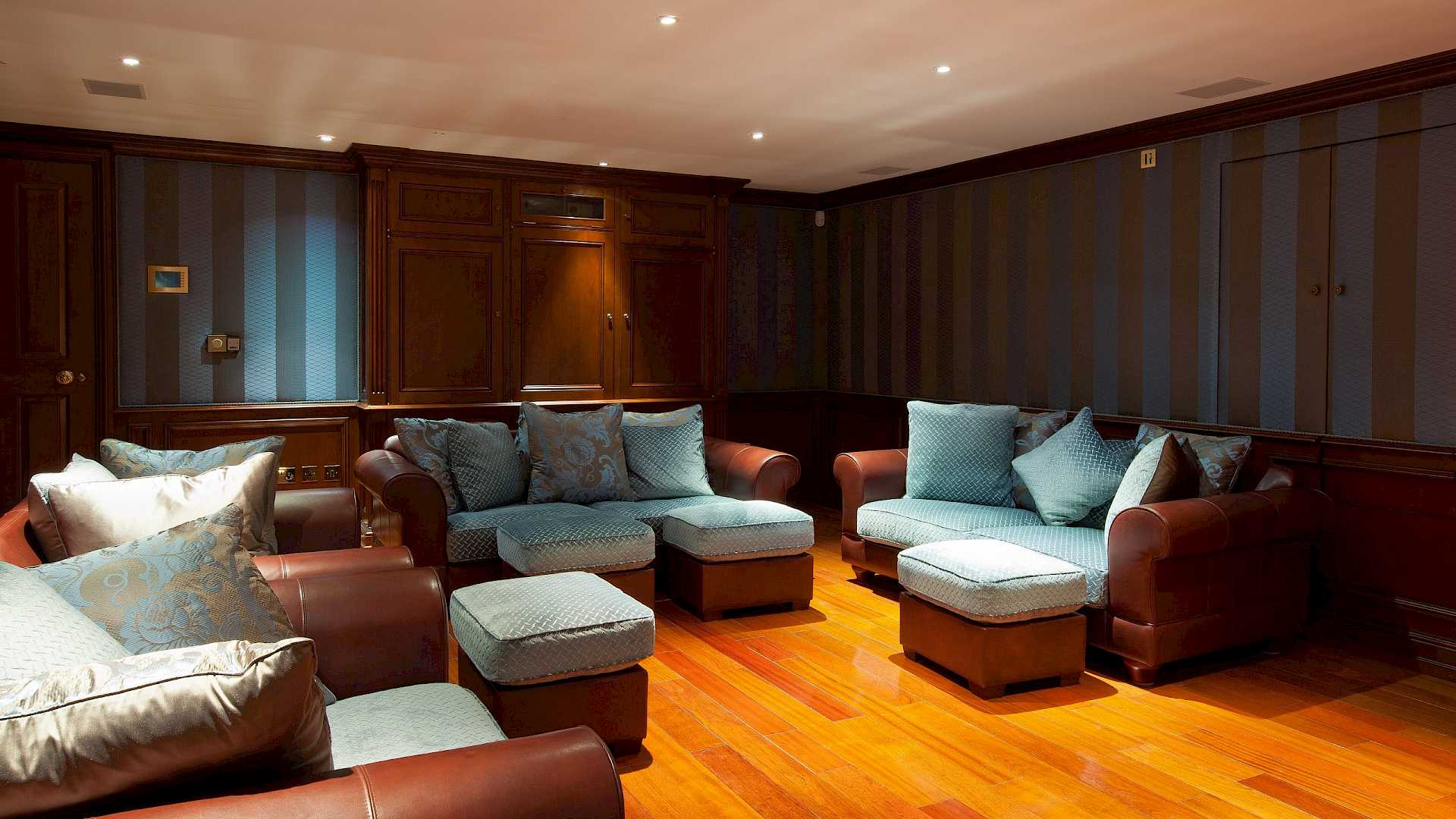 Rear of the room including seating and projector