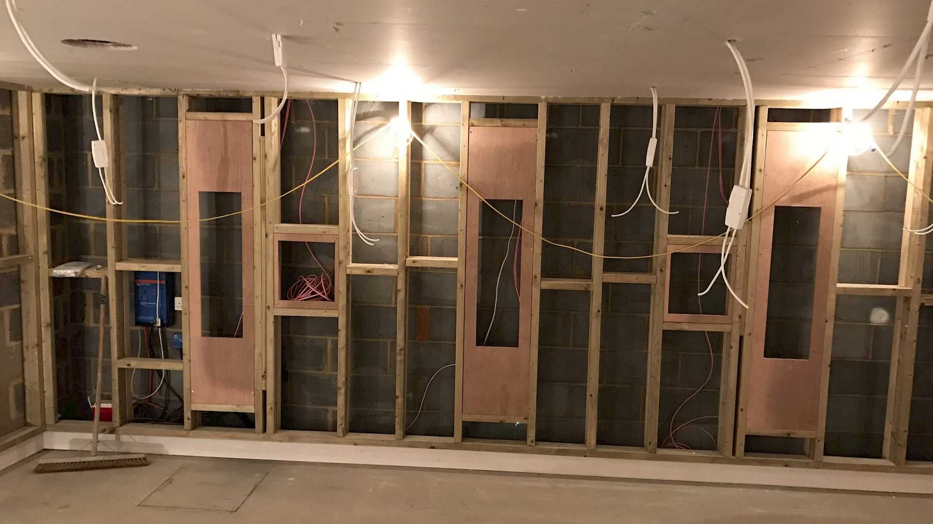 Home cinema mid-build. Shows baffle wall being constructed.