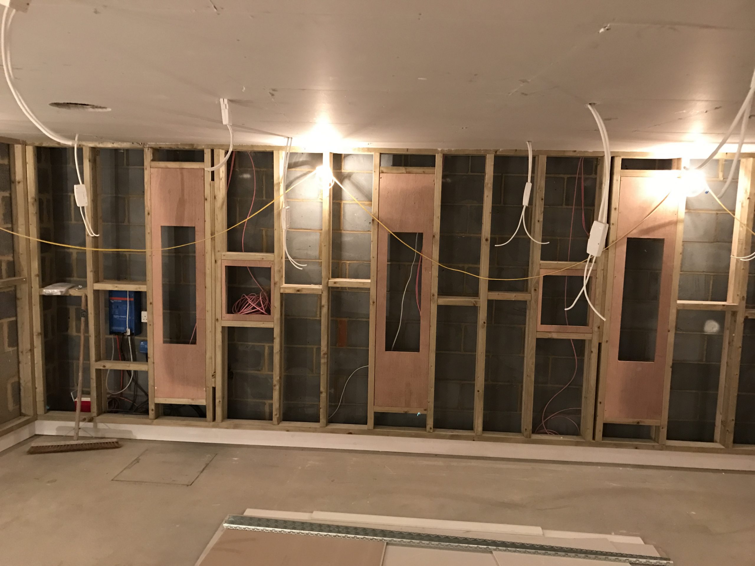 Home cinema mid-build. Shows baffle wall being constructed.