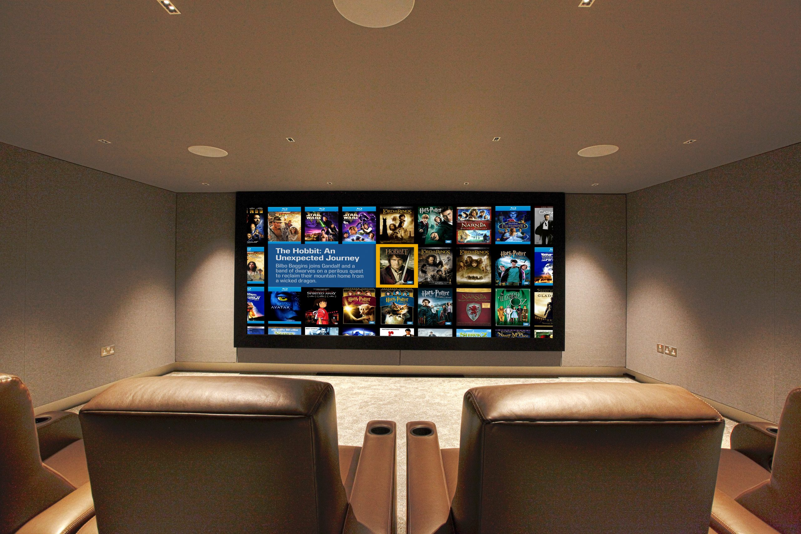Home cinema room with immersive audio, Trinnov processing and Bowers and Wilkins in wall loudpseakers. Looking at screen from seating position.