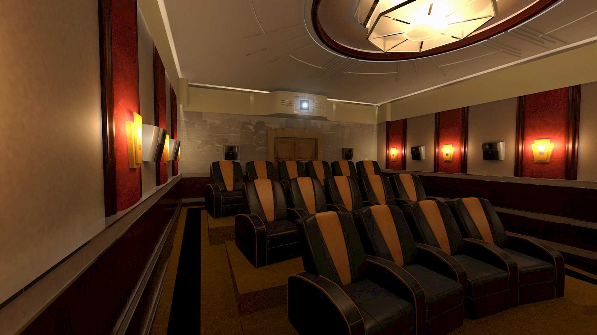 Art deco home cinema, rear of room. Shows home cinema seating and projector.