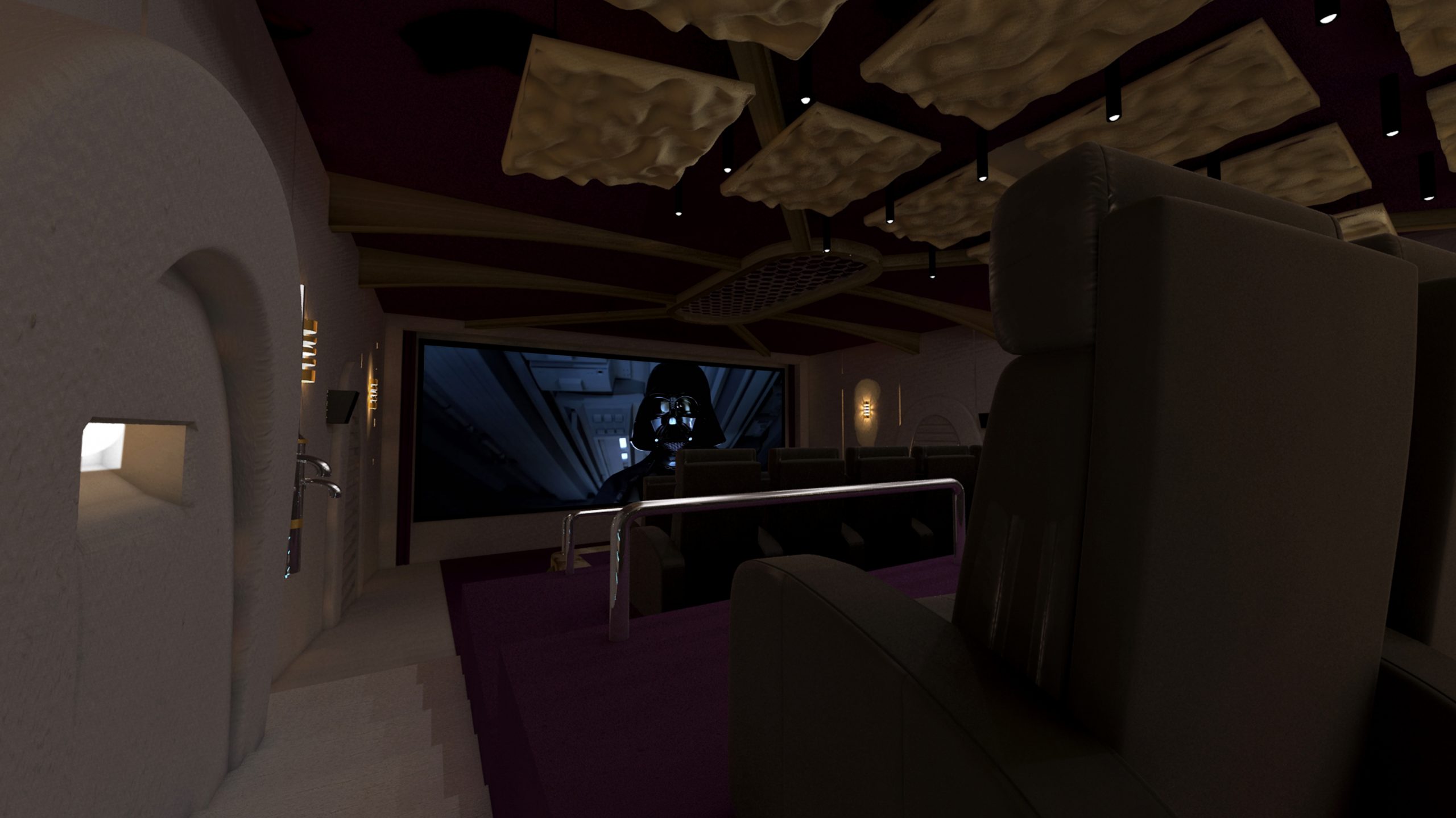 Lighting dimmed for movie, view from side left towards screen.