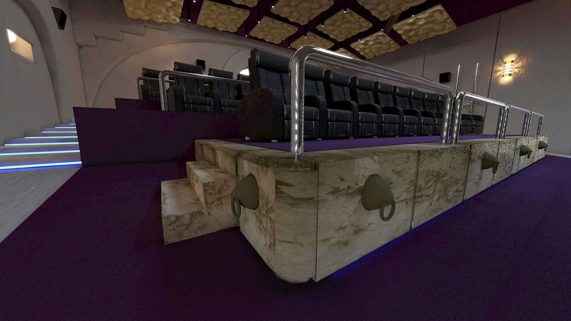 Shows the seating plinths and comfortable cinema chairs.