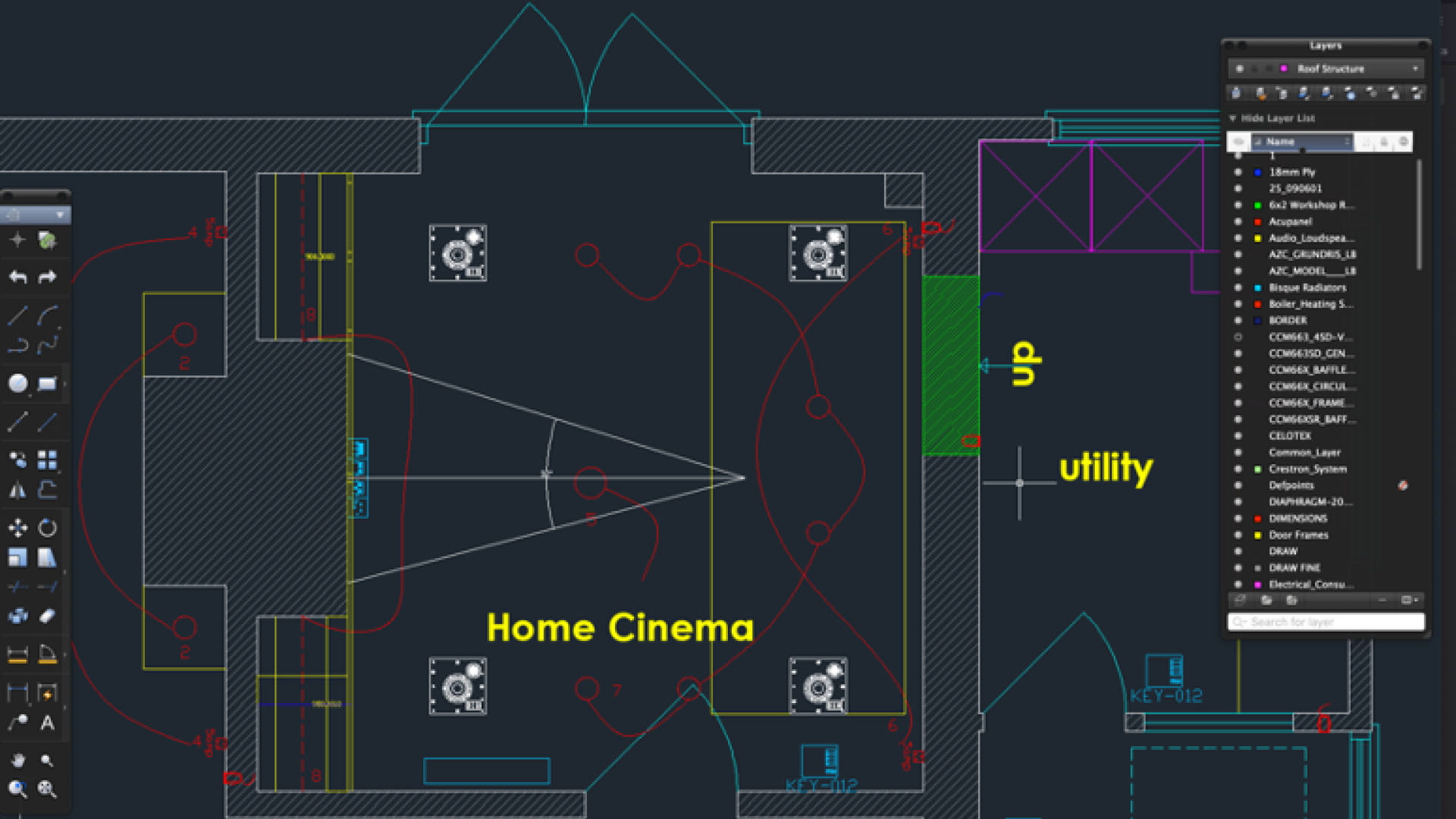 Drawing of small home cinema room, this was a very small space and a techncial challenge.