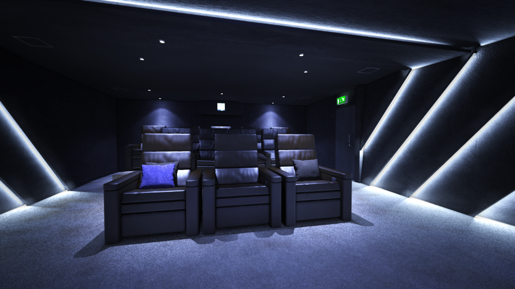 View from the screen towards the projector, showing black leather home cinema seats in private residents cinema..