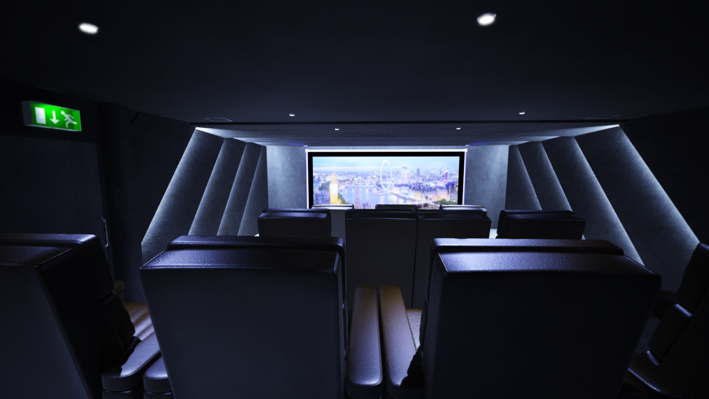 Shows the view of the private residents cinema from the seating towards the screen.