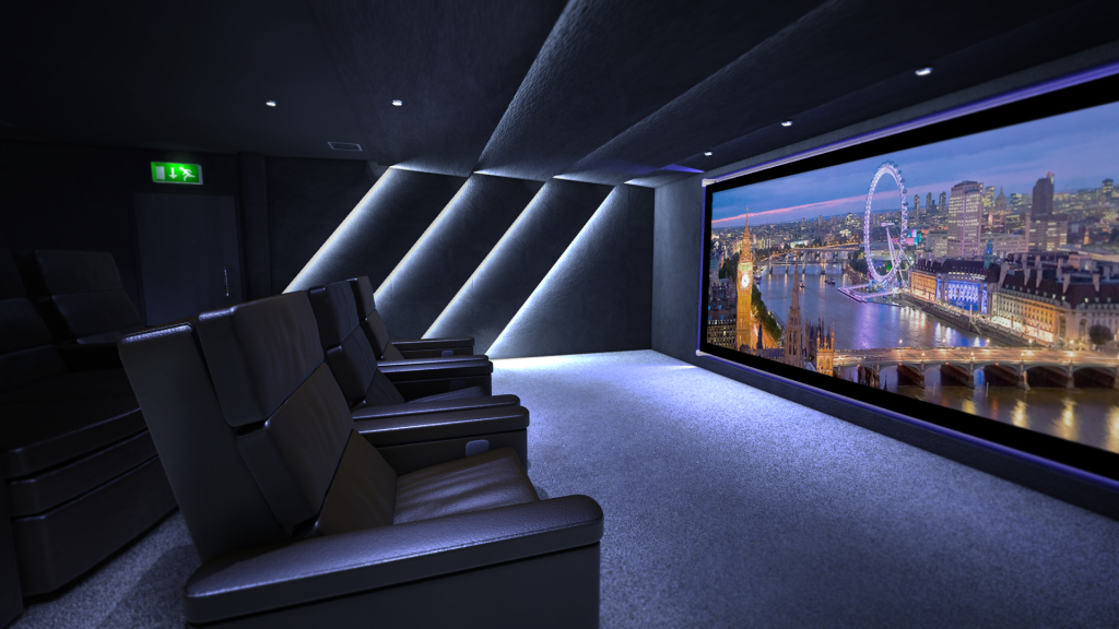 Shows communal theatre screen from side right, also leather cinema seats and dimmed lighting.