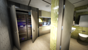 Shows foyer, home cinema equipment rack, kitchen area and WC.