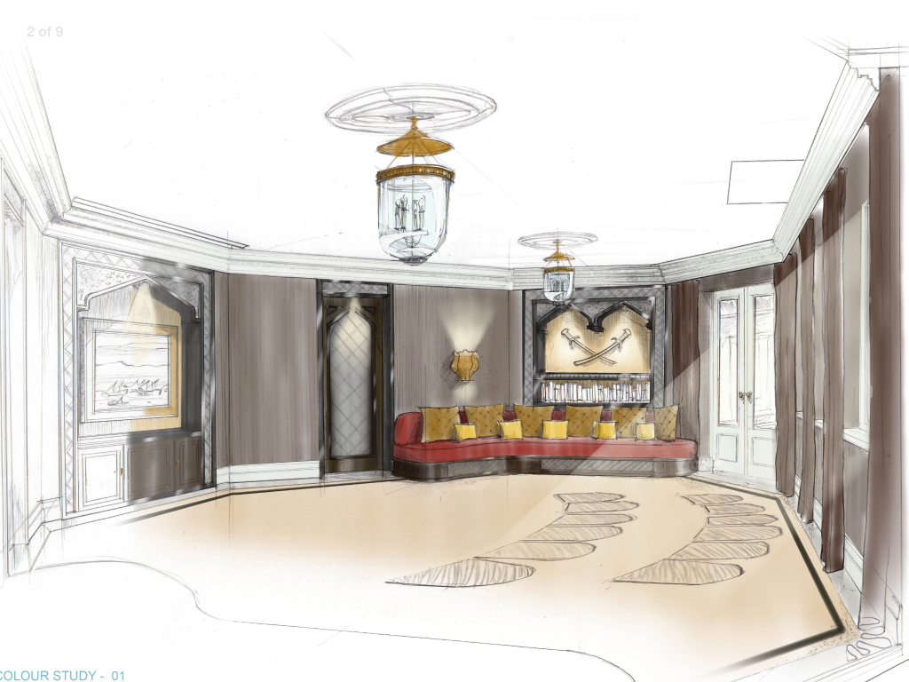 Shows home cinema room design, room elements