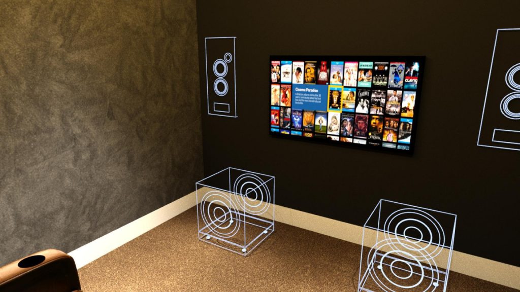 Image shows that a small room can still deliver, how big should a home cinema be? Design shows two subwoofers, two in-wall loudspeakers, screen and kaleidescape.
