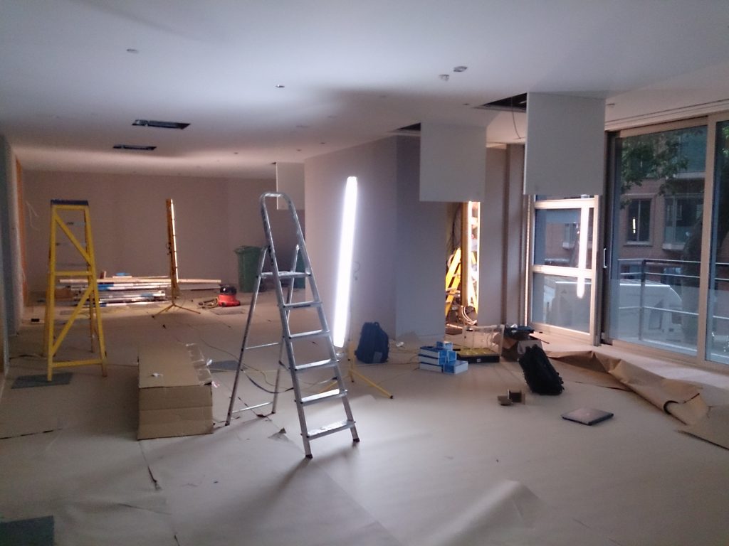 Shows building work on reception area, where we installed Lutron dimmer.