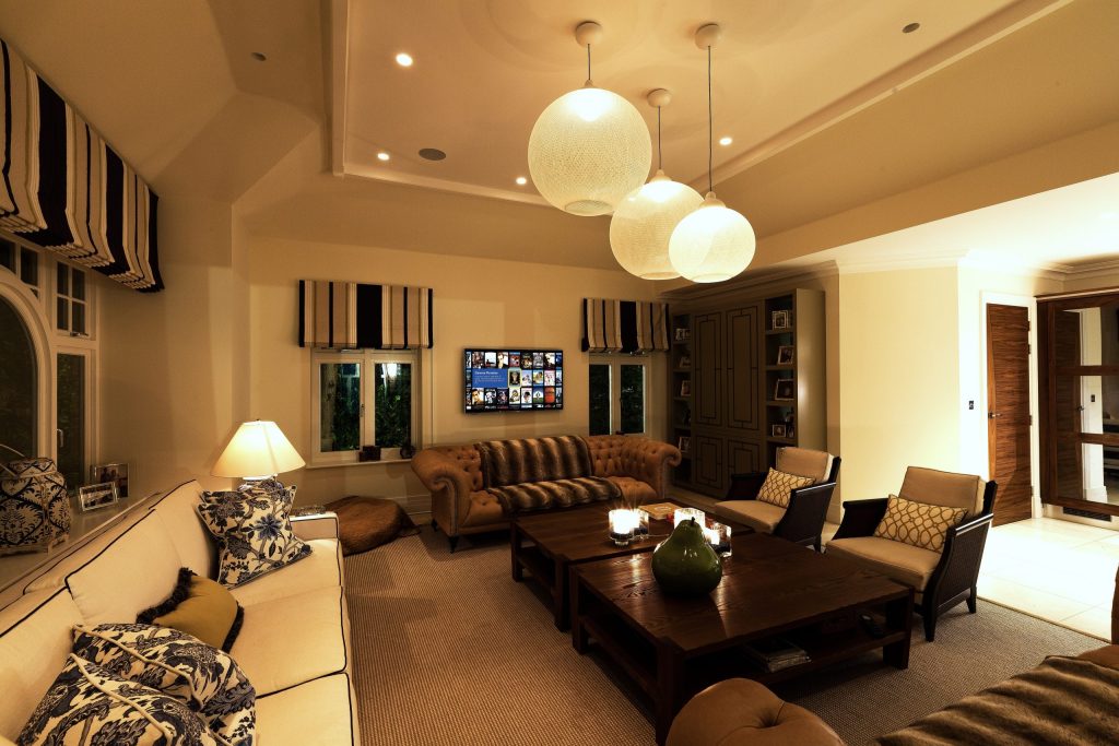 Layered lighting control in family room.