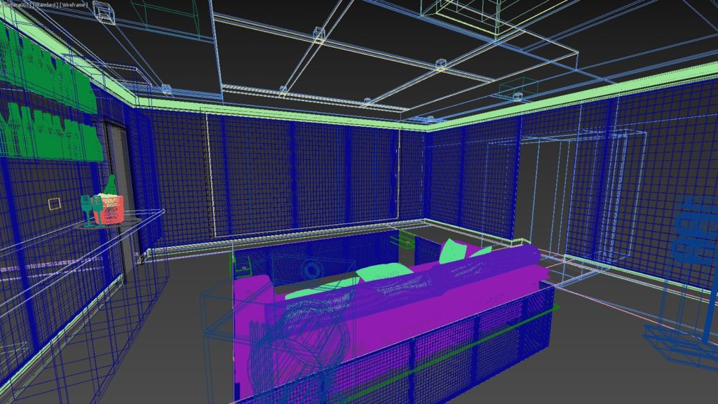 Wireframe home cinema design, from rear left of room looking towards screen.