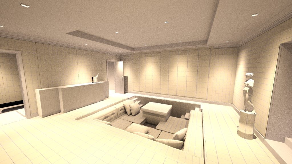 Mid design home cinema room, from rear right towards screen.