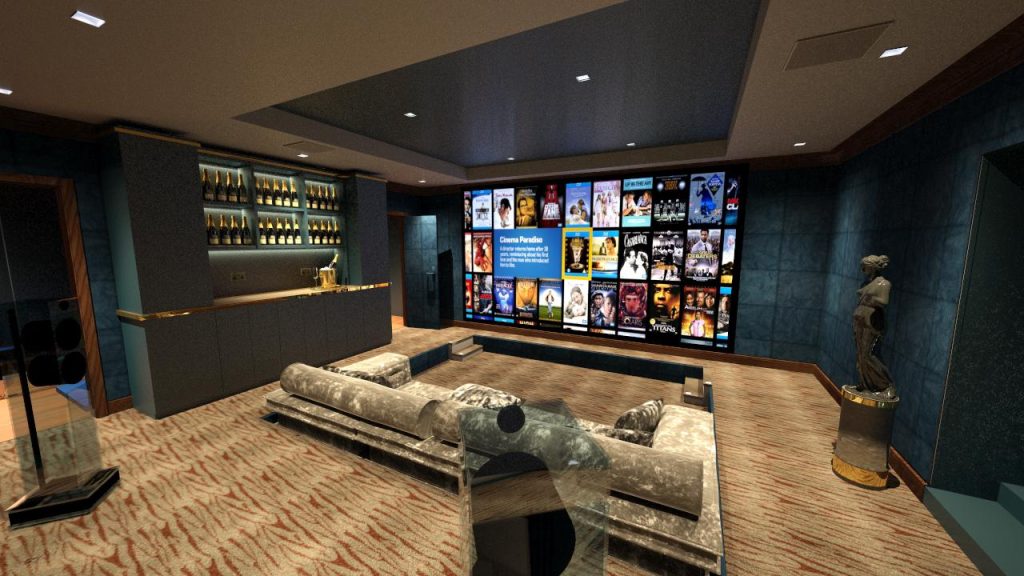 Cinema room from rear right, with sunken seating, Kaleidescape image and champagne bar.