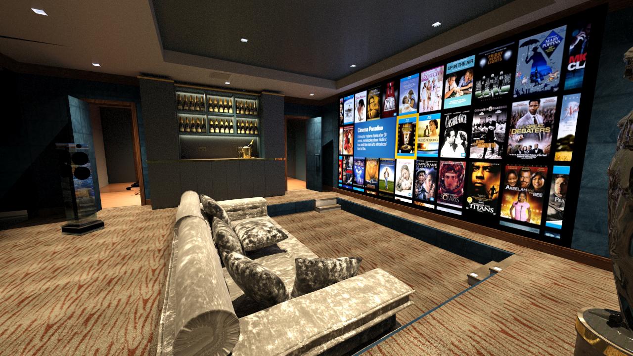 The art and science of great home cinema design. Home cinema room with projector, screen and sunken seating.