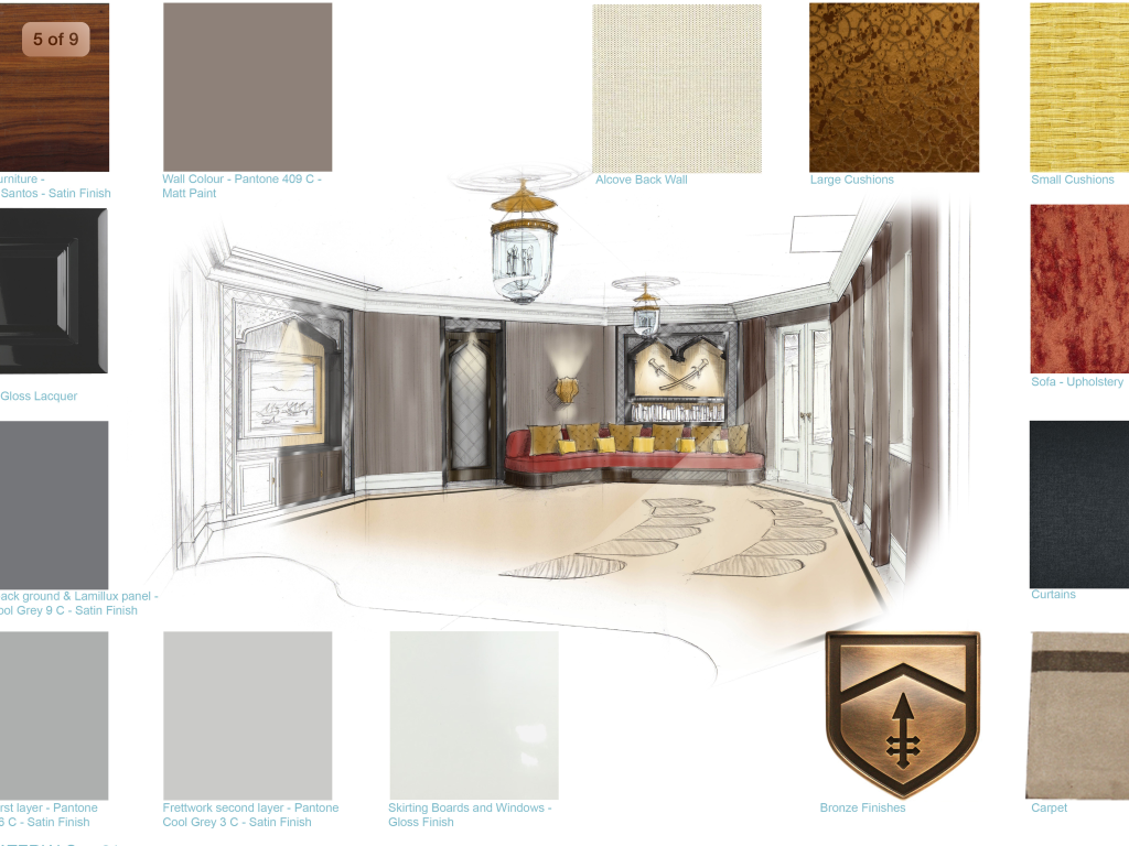 The aesthetic home cinema room design, sketch showing colours and finishes.
