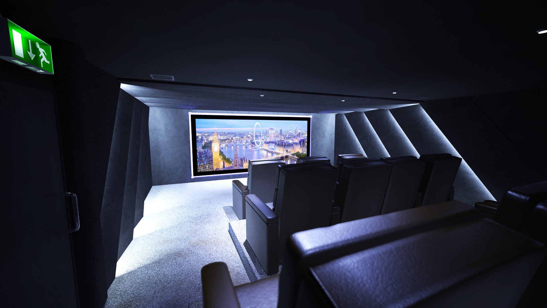 View from the rear left of the residents cinema towards the screen. Also shows home cinema seats and home cinema lighting.