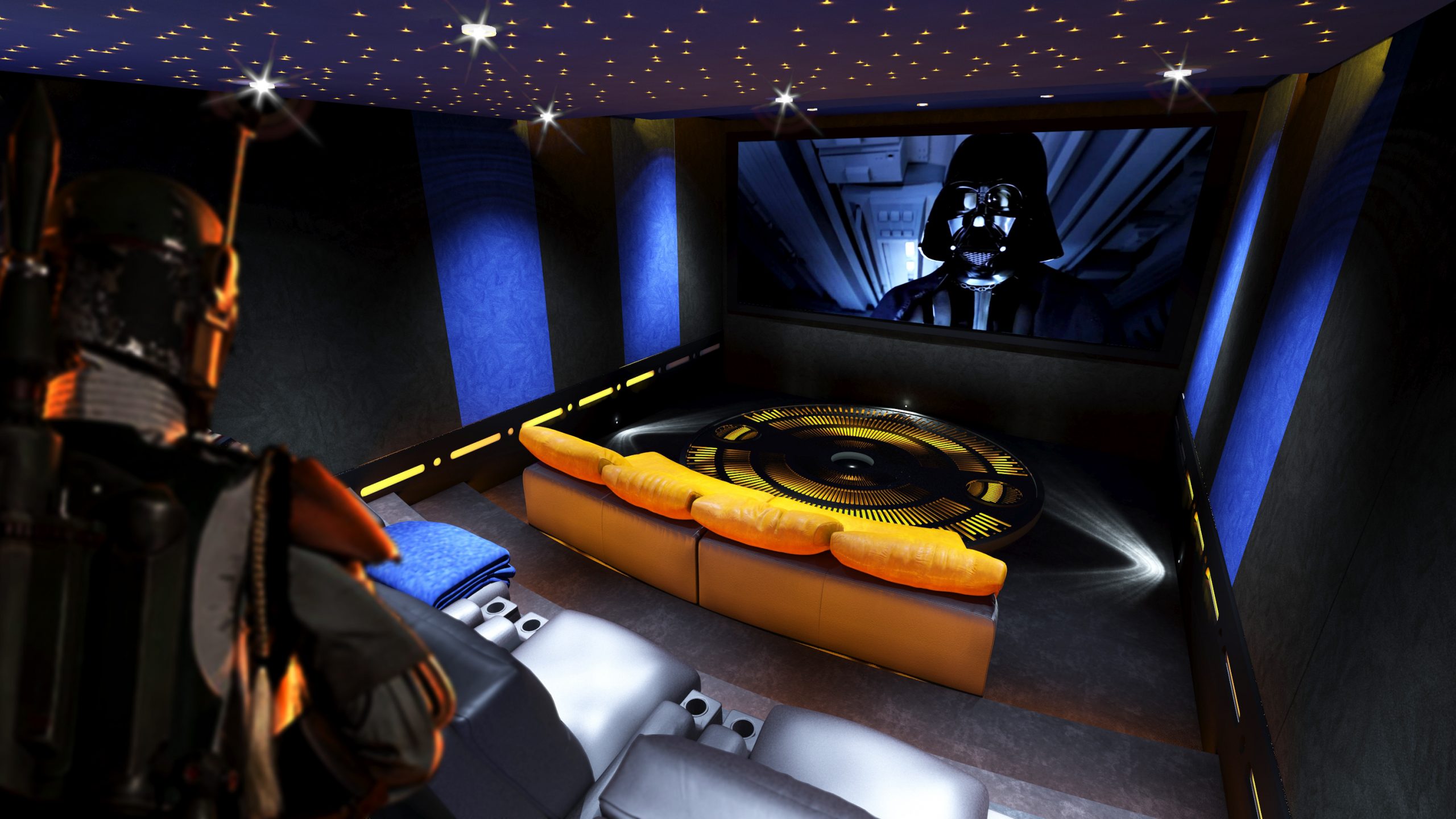 Image shows view from rear of star wars style cinema, towards the screen. Home cinema lighting, seating and acoustic treatment.