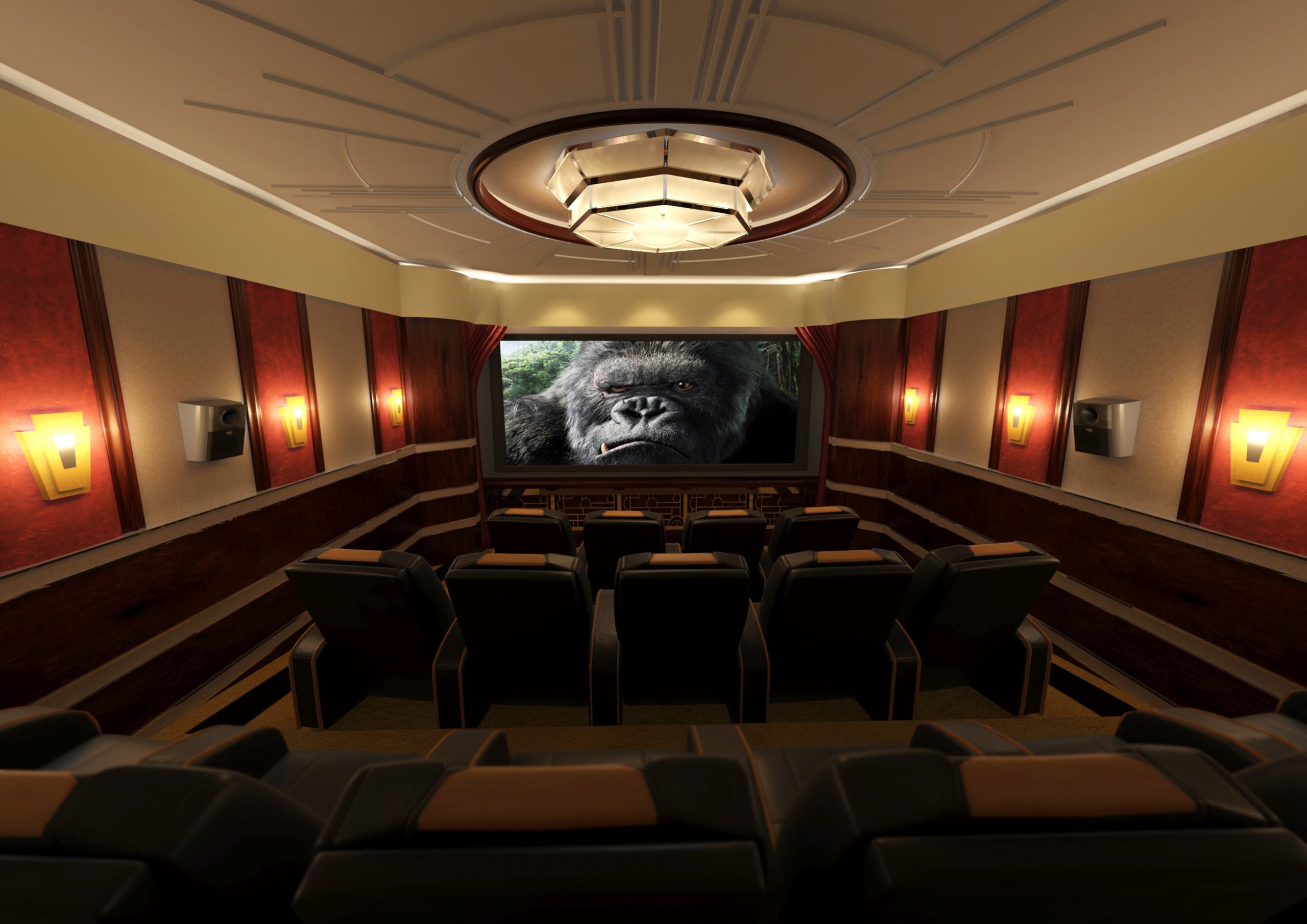Shows an art deco style home cinema, with screen and seating.
