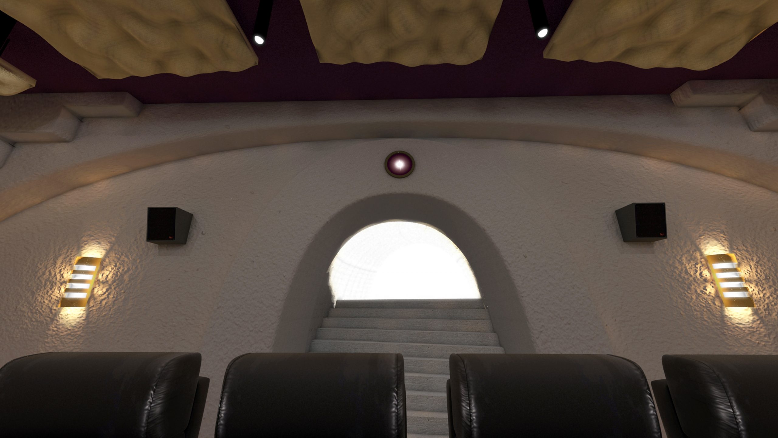 Shows back wall of home theatre with lighting details.