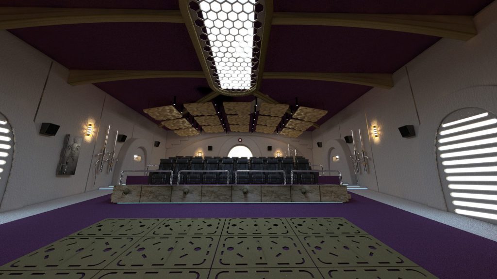 Home theatre from screen towards back wall, showing seating and lighting details.