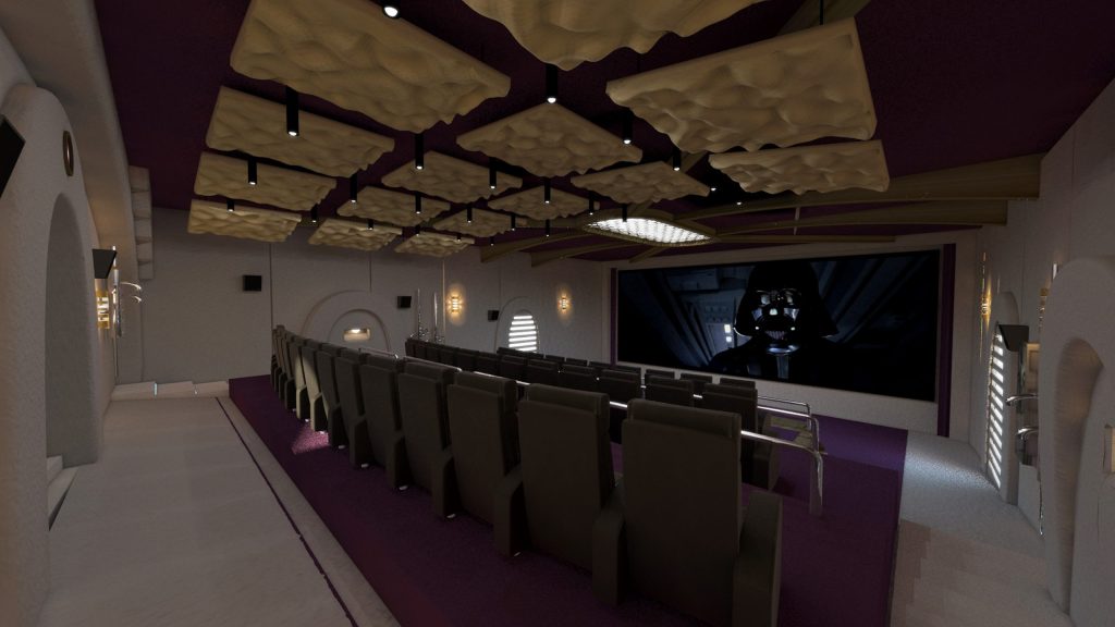 View of private home cinema from back right of room, showing seating, screen and aesthetic details.