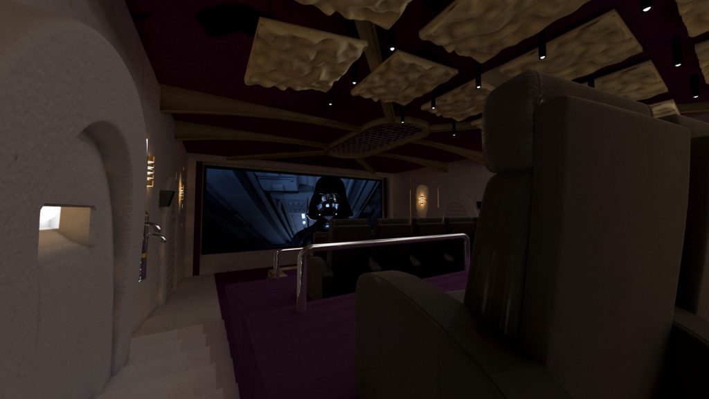 Lighting dimmed for movie, view from side left towards screen.