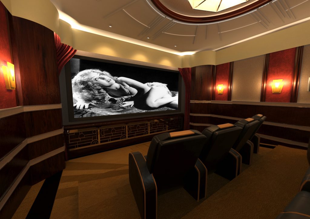 Art deco home cinema showing screen and first row of seating