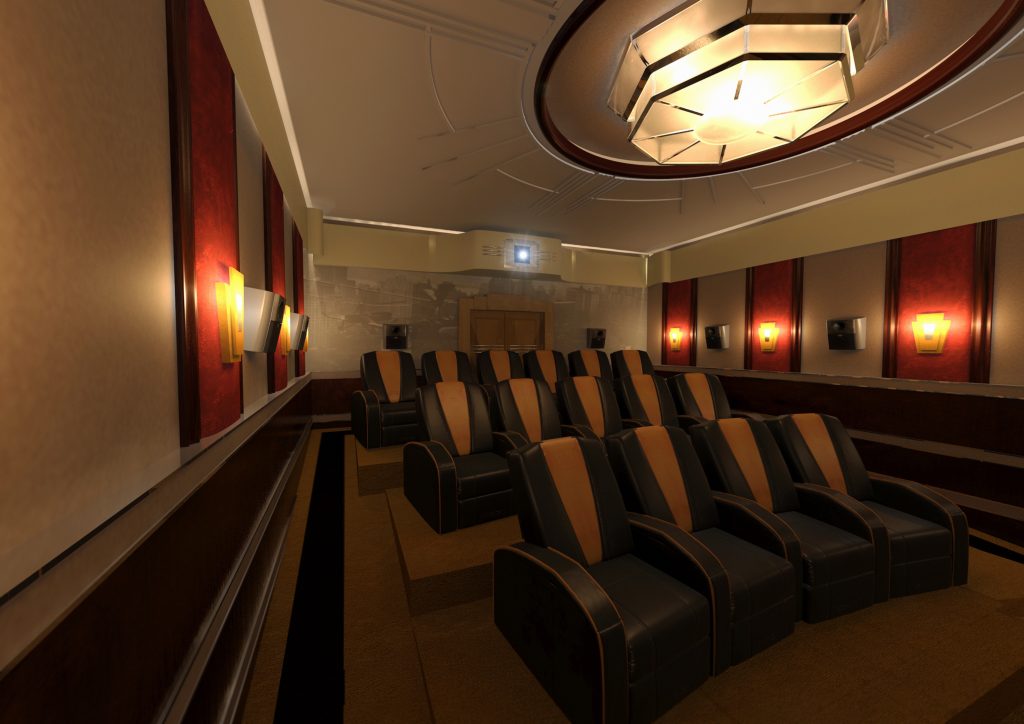 Art deco home cinema, rear of room. Shows home cinema seating and projector.