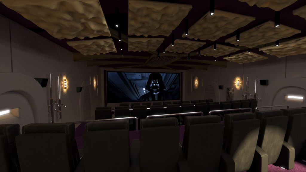 Shows design for private home cinema from rear of room, with cinema seating, lighting and screen.