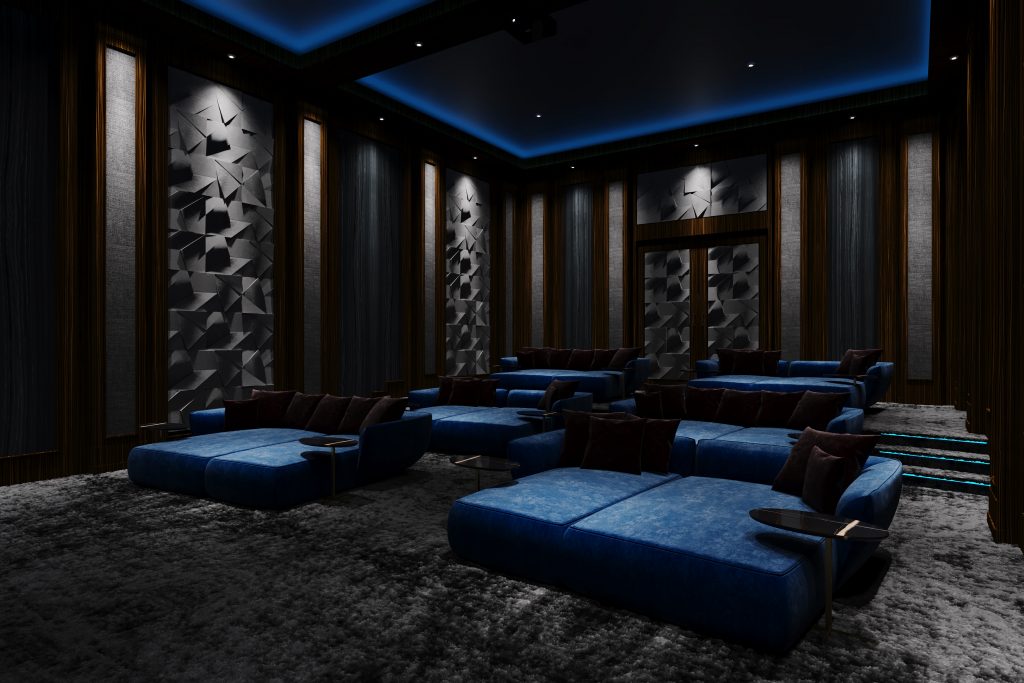 View of seating in home cinema system.