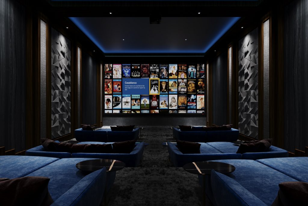 Home cinema system with Fortress seating and Kaleidescape. This is a larger sized room in relation to the question our clients always ask - how big should a home cinema room be?