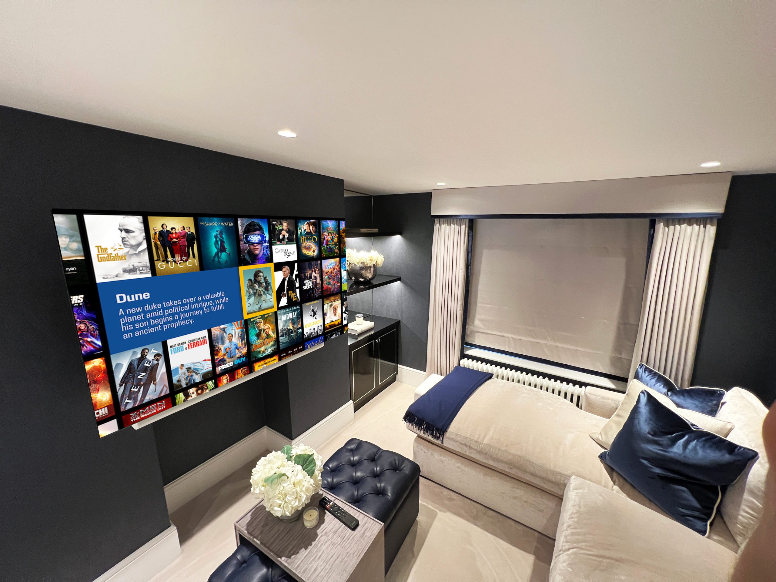 Shows a small sized media room, often clients ask us how big should a home cinema room be?